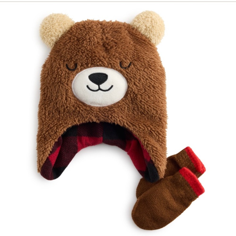 Addie & Tate Brown Red Plaid Soft Teddy Bear Infant Winter Hat & Mittens Set
